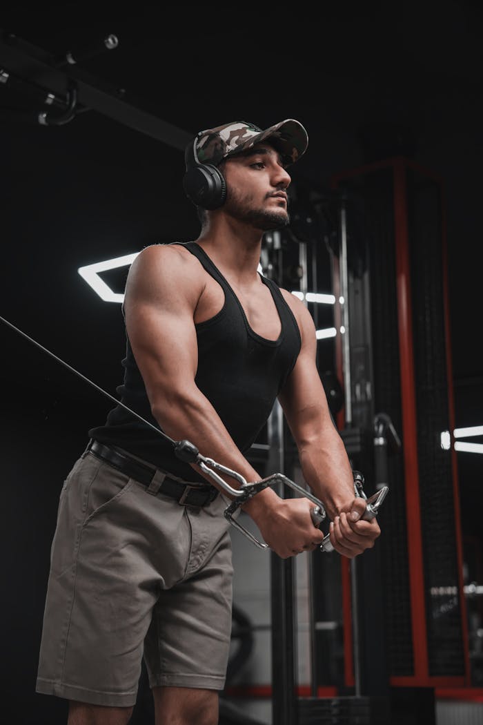 A man in a gym working out with a cable machine, wearing headphones.